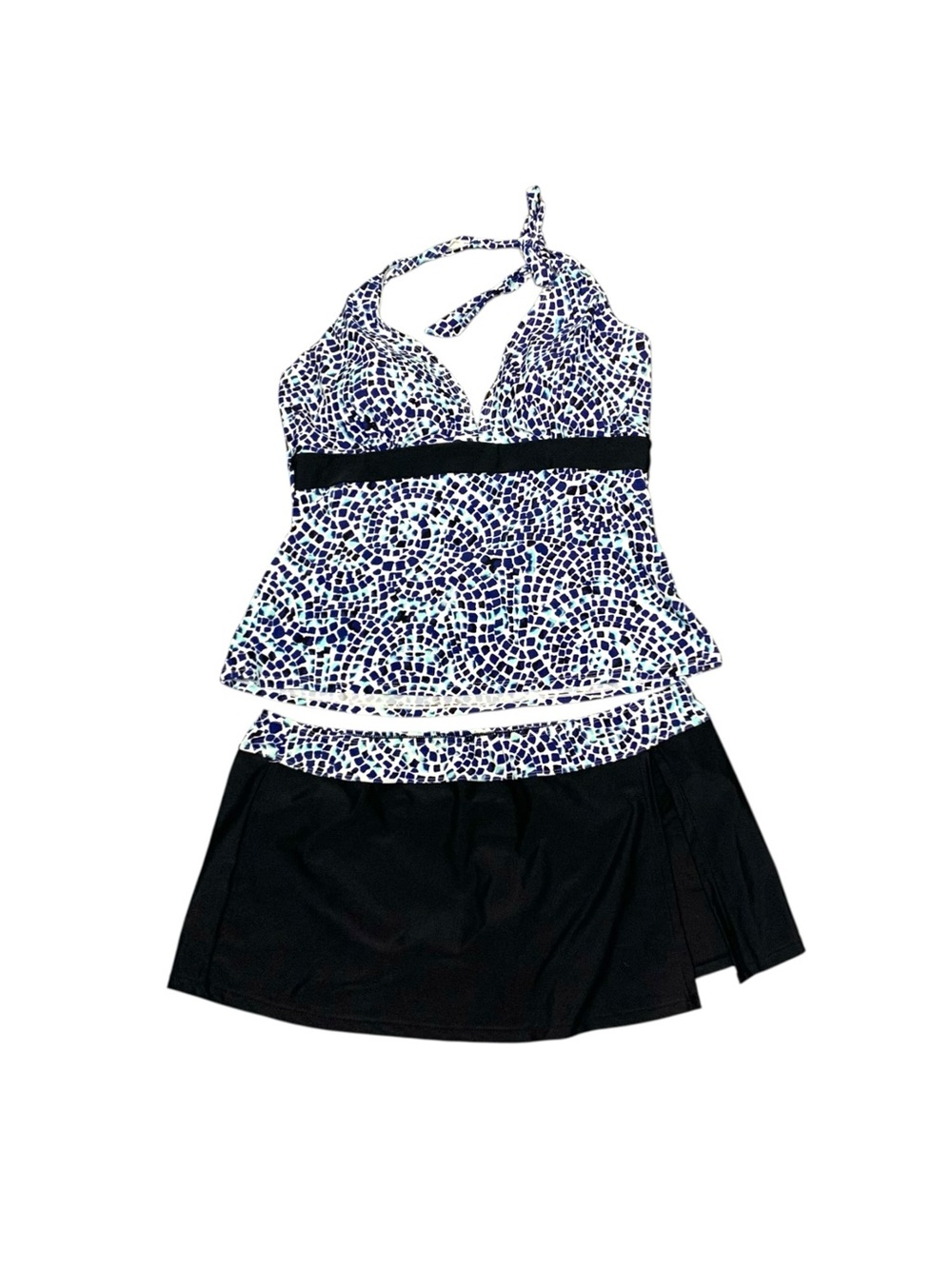 Costa Del Sol Halter Tankini 2 Piece Set Black Skirt Blue Mosaic Print 16D Beach
